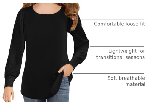 Image of Haloumoning Girls Puff Long Sleeve Shirts Fall Tops 5-14Y | Casual,Solid Color,Crewneck, Soft, Tunic Tops Blouse,Kids Long Sleeve T Shirt,,Fashion Clothes