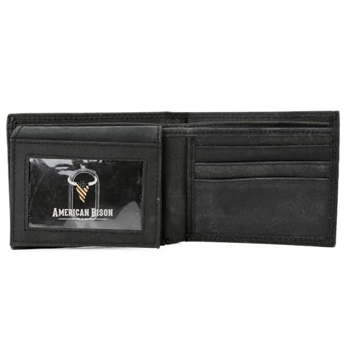 American Bison Men’s Bi-Fold Wallet – Embossed Bison Skull Leather Wallet with 2 ID Windows, 6 Card Slots, Dual Bill Compartments – Wooden Gift Box (Black)2