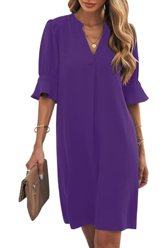 Wkior Summer Dress for Women Short Sleeve Solid Color Loose Swing Elegant Dress Purple XL