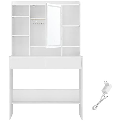 VASAGLE Schminktisch mit LED-Beleuchtung, 3 Farben mit Einstellbarer Helligkeit, Frisiertisch mit Spiegel für Make-up, Kosmetiktisch mit verstellbaren Ablagen, 2 Schubladen, modern, weiß RDT123T14 Cover
