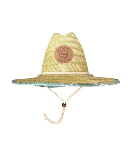 Sunguard Kids Straw Hat (Banana Leaves 2-4years) - Adjustable UV Baby Toddler Hemlock Lifeguard Sun Hats with Chin Strap - Wide Brim Beach Swim Sunhat for Child Infant Boys & Girls - Surf Pool