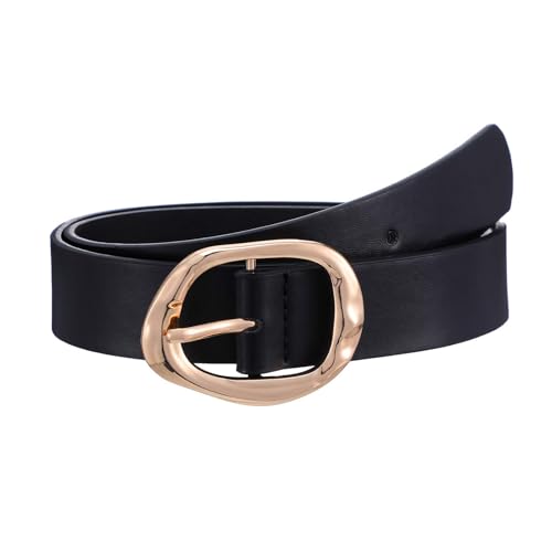 Black Leather Belt Women Black Belt Womens with Liquid Shapes Gold Buckle Waist Belts for Jeans Pants Dresses Ladies Belts
