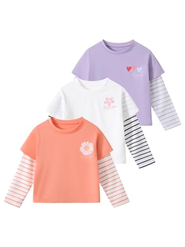 Little Girls Graphic Print Tee Shirt 3 Packs Long Sleeve Shirts Crew Neck Knit Tops Casual Daily Shirt 4-12Years