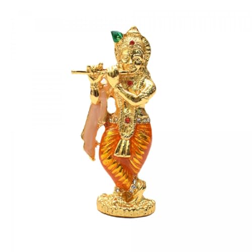 Estatua pequeña de Krishna de bronce con cristal y flauta