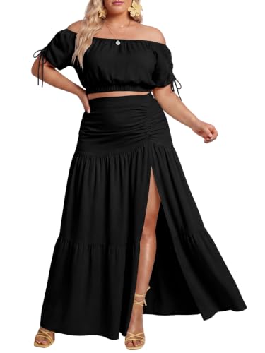 WILDPARTY Womens Plus Size 2 Piece Outfit Off Shoulder Crop Top and Maxi Skirt Set