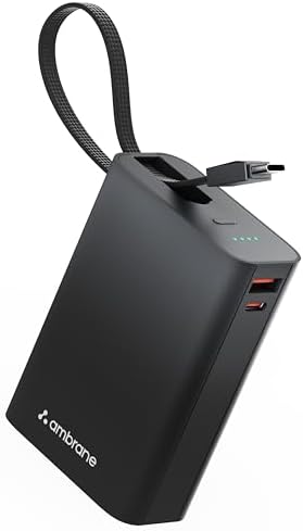 Ambrane 20000mAh Small Pocket Size Powerbank, Hanging InBuilt Type C Cable, 22.5W Fast Charging, Type C PD & USB Output for iPhone, Android Mobiles & Other Devices (MiniCharge 20, Black-Grey)