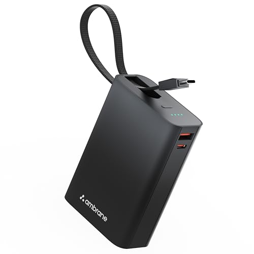 Image of Ambrane 20000mAh Small Pocket Size Powerbank, Hanging InBuilt Type C Cable, 22.5W Fast Charging, Type C PD & USB Output for iPhone, Android Mobiles & Other Devices (MiniCharge 20, Black-Grey)