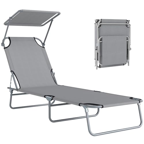 Outsunny Transat Bain de Soleil Pliable Chaise Longue Pliante Grand Confort Dossier Inclinable Multi-Positions et Pare-Soleil réglable Dim. 187L x 58l x 36H cm Gris...