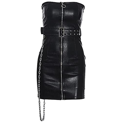 COOKOE Vestido de cuero negro con cremallera para mujer, sin tirantes, ajustado, para club, fiesta, cinturón de cadena