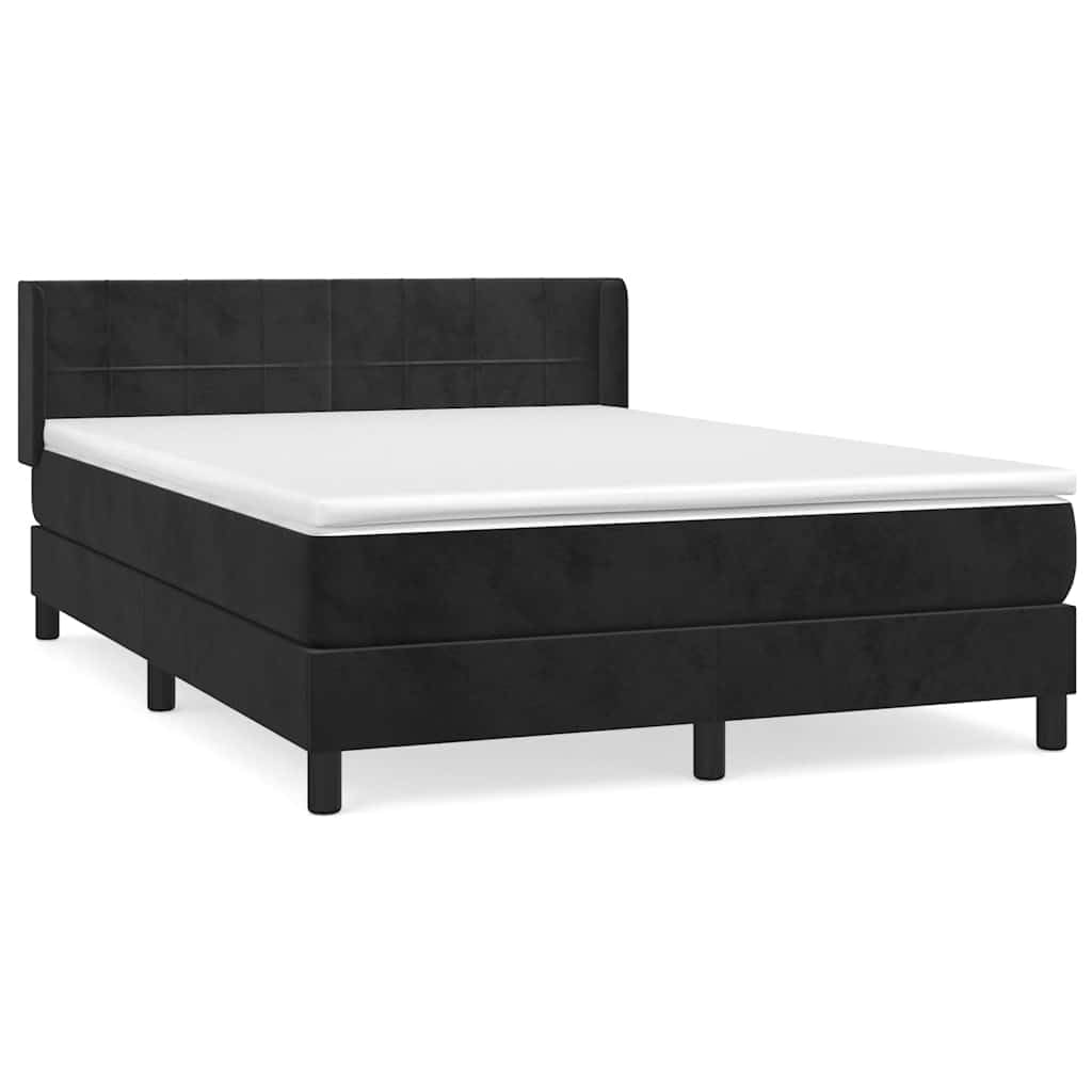 Aksamitne łóżko kontynentalne z regulowanym zagłówkiem 140x190 cm czarne | Łóżko kontynentalne z materacem sprężynowym czarny aksamit 140x190 cm z zagłówkiem i ochraniaczem
