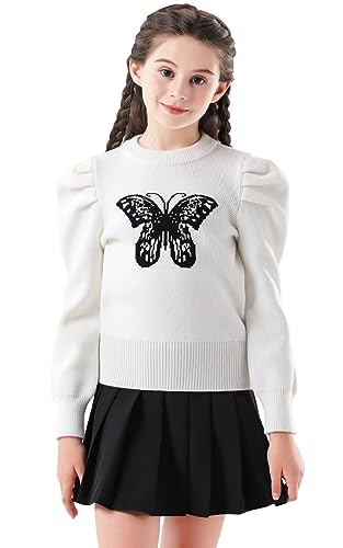 SMILING PINKER Girls Sweater Pullover Puff Sleeve Crew Neck Butterfly Camellia Knitted Crop Top