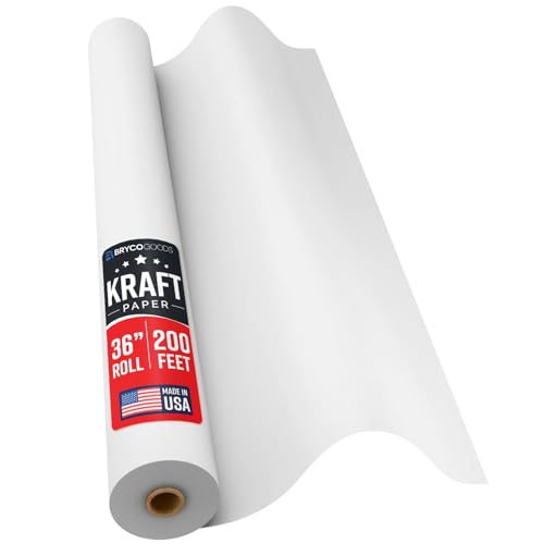 Bryco Goods 36 x 2400 (200) White Kraft Paper Roll - Made in USA - Craft Paper for Bulletin Board Art Table Covering Drawing Gift Wrapping Bouquet Packing Parcel 80GSM