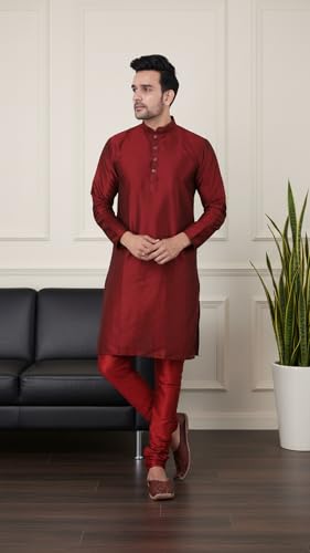 Image of Sadree Men's Silk Blend Mandrin Collor Full Sleeve Knee Length Indian Kurta Chudidar Pyjama Set