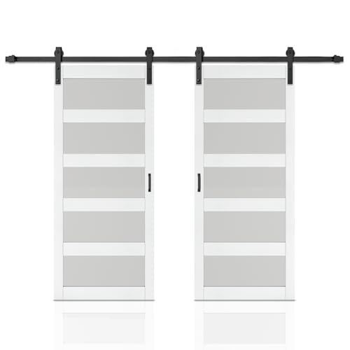 72 in. x 84 in. 5 Lite Tempered Frosted Glass White Finished Composite Double Sliding Barn Door with Hardware Kit Handle by CALHOME - Used condition - US$240.06