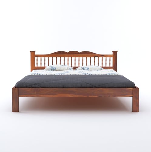 Image of Wooden Arch King Size Bed Without Storage | Wooden Double Bed Cot Bed for Bedroom Furniture | Palang Double Bed for Hotels | Solid Sheesham Wood, Honey Finish