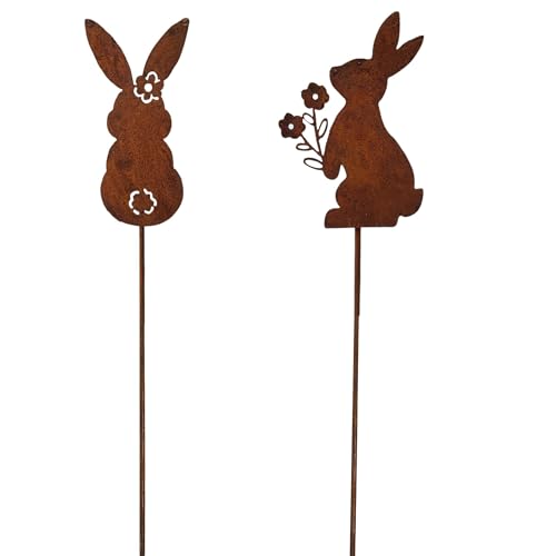 Set di 2 decorazioni da giardino a forma di coniglio in ruggine – decorazione pasquale effetto ruggine – resistente alle intemperie – spina in metallo per giardino – balcone
