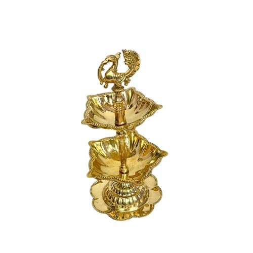 Image of Handcrafted Double Brass Diya with Peacock Design | Traditional Brass Oil Lamp for Puja, Temple & Home Decoration | Antique Finish Deepak for Festivals (Double Diya)