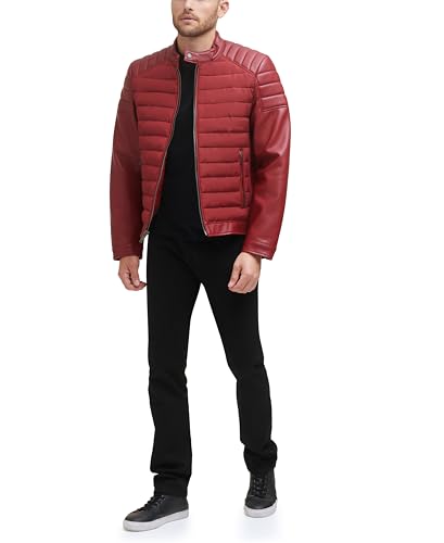 Image of DKNY Men's Mixed Media Faux Leather Puffer Motocross Racer Jacket