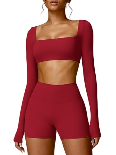 Image of ABOCIW Women Square Neck Long Sleeve Workout Crop Top Low Medium Impact Athletic Yoga Gym Shirts with Built in Bra(ONLY TOP)