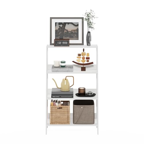 Image of Furinno Ladder 4-Tier Book Shelf, Open Frame Ladder Shelf, White | 10.9 x 23.6 x 38.4, Bookcase, Standing Display Storage Shelves, Storage Rack, for Organization, Living Room, Home Office