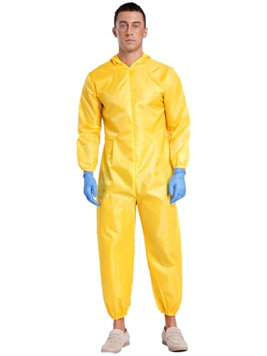 FEESHOW Mens Yellow Hazmat Suit Break Bad Costume Long Sleeve Zip Up Full Bodysuit Coveralls Gloves Yellow Small