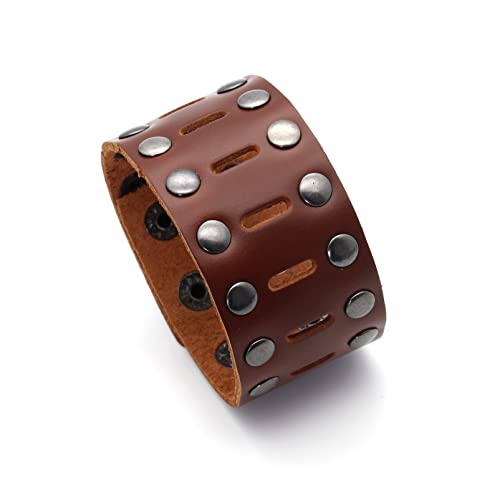 Image of Punk Rock Double Row Rivets Wristband Hollow Wide Leather Cuff Bracelet