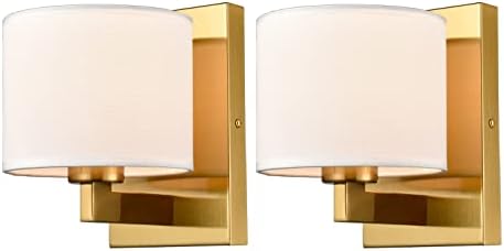 SAMTEEN Gold Wall Sconces Set of Two Mid Century Modern Brass Wall Lamp with Fabric Shade Wall Mounted Light for Bedroom Hallway Foyer Living Room