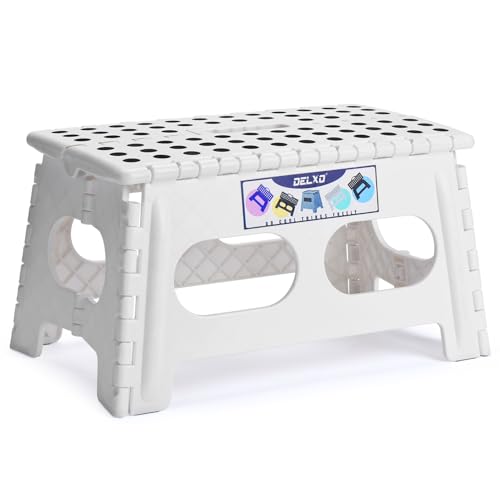 Image of Delxo 9 Inch Folding Step Stool for Kids and Adults,15-Inch Extra Wide Height Large Platform Heavy Duty Stepping Stool More Safe and Comfortable Non Slip Foldable Step Stool White