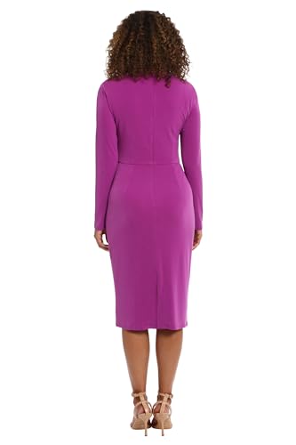 Image of London Times Women's Dresses Draped Neckline Slimming Midi Length Jersey Sheath Dress with