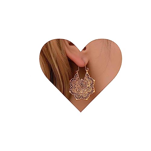 Yheakne Boucles d'Oreilles Tribales Fleur Mandala - Bijoux Ethniques Vintage en Or
