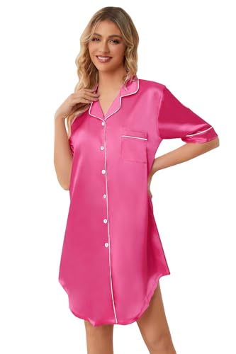 Schbbbta Girls Satin Nightgown Pajama Dress，Short Sleeve Button Down Silky Sleepwear, Rose Red，11-12 Years, 1604
