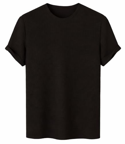 Image of London Hills Men's Waffle Textured T-Shirt | Solid Regular Fit Round Neck Half Sleeve Casual Wear Tee | Soft, Breathable & Lightweight Fabric