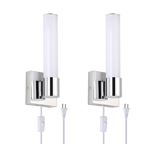 Modern Plug in Wall Light Fixtures Chrome Vertical Bathroom Mirror Side Wall Sconces Set of Two LED Vanity Lights, Cool White 6000K