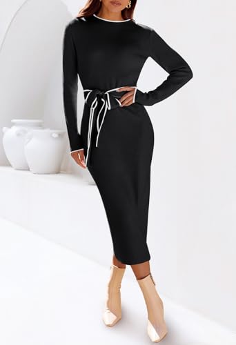 MEROKEETY Women's 2025 Long Sleeve Midi Sweater Dress Fall Mock Neck Color Block Tie Waist Bodycon Knit Dresses2