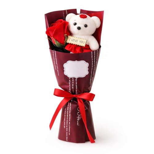 Buquê de Rosa Com Ursinho de Pelúcia I Love You Presente Dia dos Namorados Vermelho e Branco