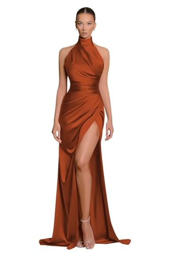 Mermaid Halter Bridesmaid Dresses Long Satin Prom Dress for Women with Slit Evening Formal Gown
