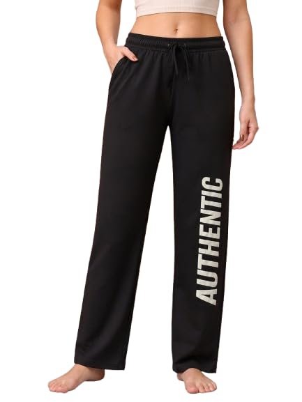 AA Fashion Women Printed Black Track Pants | Drawstring Waistband, Side Letter Print, Wide Leg Fit, With Pockets, Casual Wear-image-16