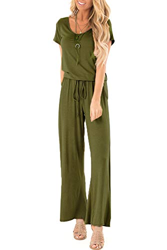 sullcom Women Summer Solid Sleeveless Wide Leg Jumpsuit Casual Spaghetti Strap Stretchy Long Pant Rompers (XX-Large, B-Army Green)