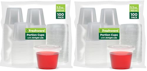 Image of Freshware Plastic Portion Cups with Lids [5.5 Ounce, 100 Sets] Souffle Cups, Jello Shot Cups, Condiment Sauce Containers For Sampling, Sauce, Snack or Dressing (Pack of 2)