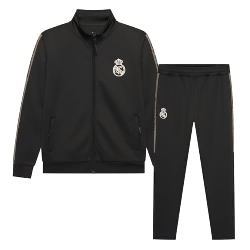Real Madrid Chándal Dos Piezas Chaqueta y pantalón Negro Escudo Blanco Black Elite para Adulto Producto Oficial - L