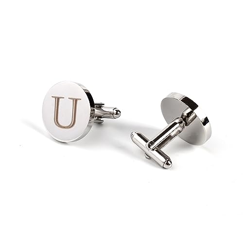 Image of Mens Initial Silver Cufflinks A-Z Alphabet Letter Steel Cuff Links with Engraved Walnut Wood Box Groom Groomsman Wedding Set