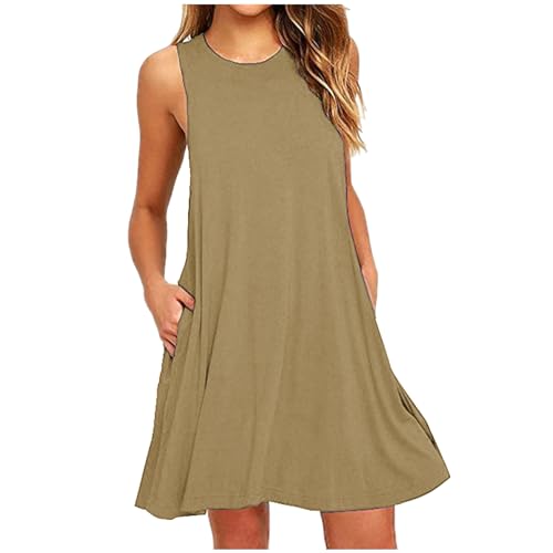 Vestido sin mangas para mujer, casual, bolsillos, cuello redondo, vestido de verano con vuelo, acampanado, color sólido, suave, ligero, cómodo, ajuste holgado, talla grande, elegante, liso, trabajo
