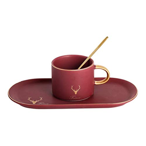 Primst Ensemble de tasses à thé en céramique mate et soucoupe avec cuillère - Tasse à café classique pour restaurant et famille Golden Trim (rouge bordeaux) Cover