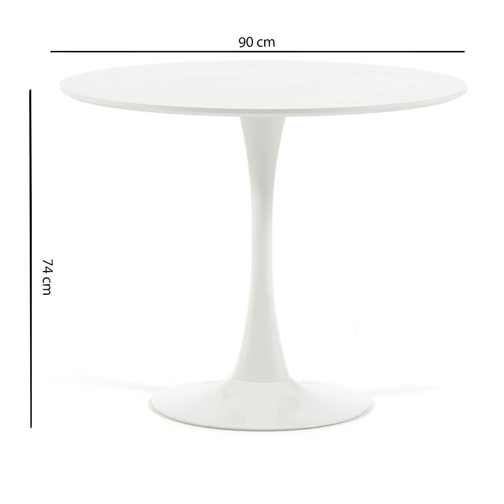 Tavolo tondo tulip da interno, diametro 90 cm, 4 persone cucina/sala da pranzo/ufficio, stile classico moderno con top MDF effetto legno e base in metallo verniciato opaco Orlando (Bianco)