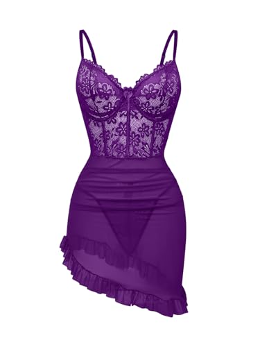 Image of Foxiny Sexy Corset Bodycon Ruffle Sheer Underwire Mesh Lace Floral Outfits Babydoll Lingerie Set Dress with Thong 2 Piece