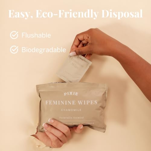 Image of Pixie Menstrual Cup Wipes - Chamomile Scented, Flushable, Biodegradable & pH Balanced - Best Individually Wrapped Wipes for On-The-Go & Public Bathrooms - Wash & Cleaner for Cups & Discs (20 Count)