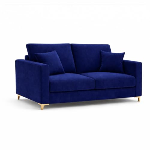 Image of Hayes Rich Velvet Suede 3 Seater + 2 Seater Sofa Set with Ottoman | Golden Aesthetic Legs | 6 Person Seating Capacity | Spacious Soft Touch Comfort | Modern Living Room Sofa (Dark Blue)