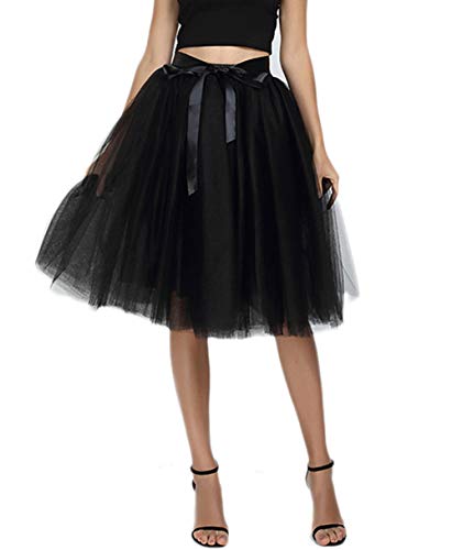 AniKigu Petticoat Women's Tutu Skirts 7 Layers Tulle Underskirt Ballet with Elastic Belt for Wedding Party, Black