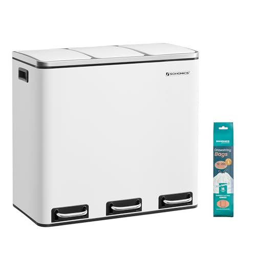 SONGMICS Cubo de Basura para Cocina, 3 x 18 L, 3 Compartimentos para Reciclaje, 15 Bolsas, Restos de Comida, Tapas de Cierre suave, Pedales, Cubetas, Acero, Blanco Nube LTB54WT