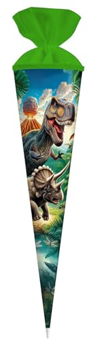 goldbuch 97 157 Schultüte Vulkan, Geschenktüte mit Dinosauriern als Motiv, Lackkarton, Geschenkverpackung mit grünem Filzverschluss (ohne Verschlussband), Zuckertüte rund, Länge 70 cm, Ø 19 cm
